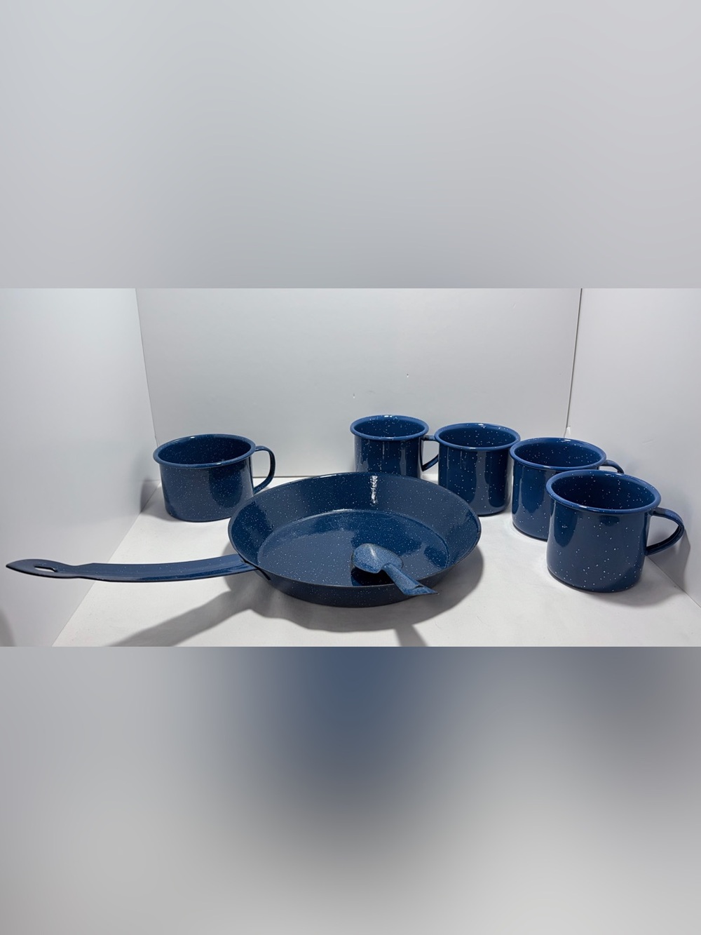 Vintage Blue Speckled Enamelware Camping Pan and Mugs Set